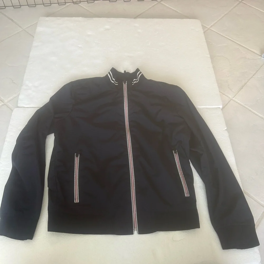 Banana Republic navy wind breaker bomber jacket white red gray stripe details